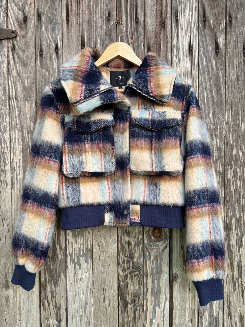 7 For All Mankind plaid fuzzy bomber jacket size medium